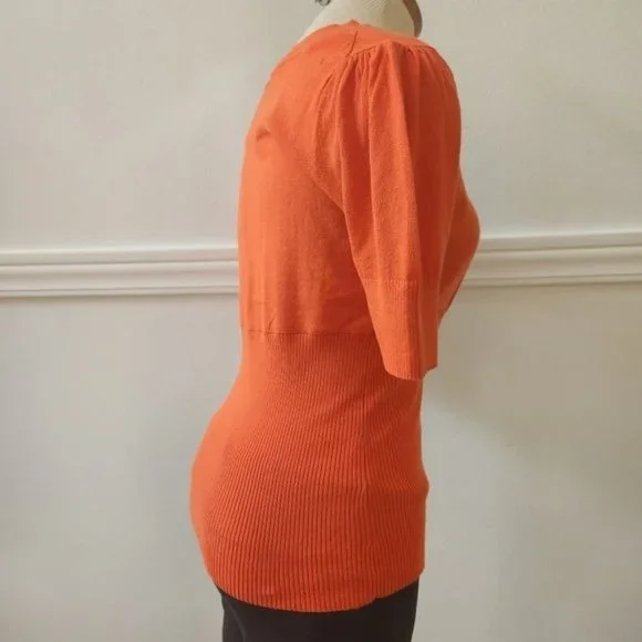 BCBGMaxAzri Orange Knit Short Sleeve Top Scoop Neck Cotton Stretch Women Medium - Picture 9 of 11